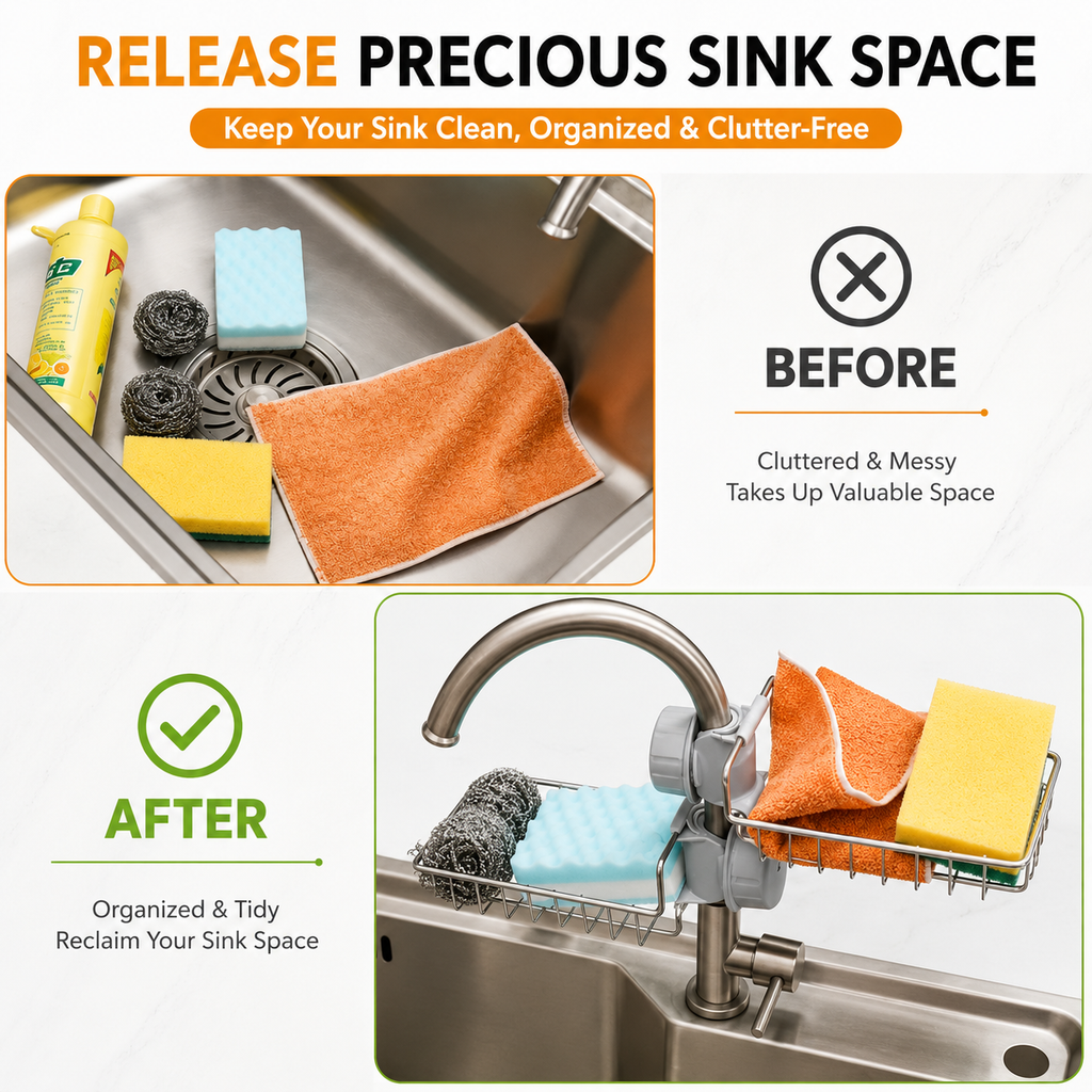 Sink Organizer – Stainless Steel Kitchen Sink Rack with Adjustable Clamp