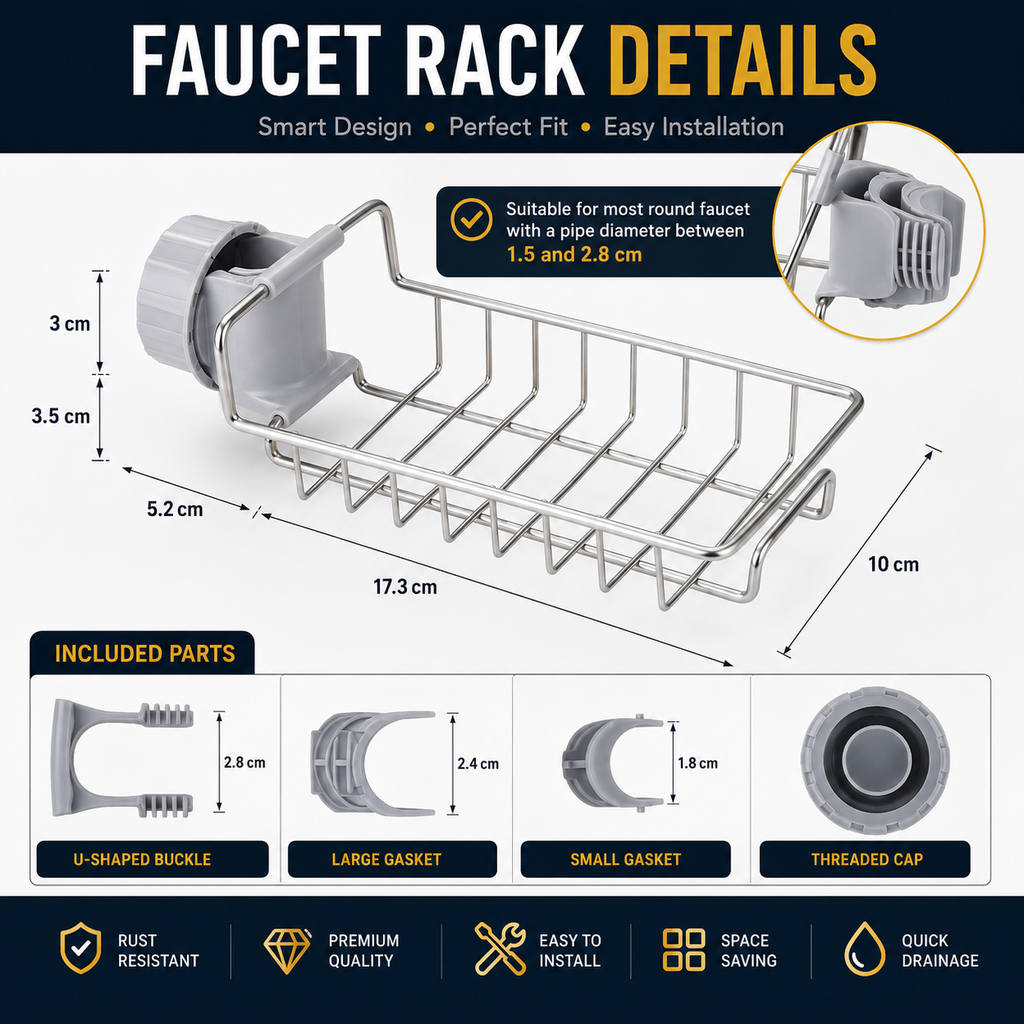 Sink Organizer – Stainless Steel Kitchen Sink Rack with Adjustable Clamp