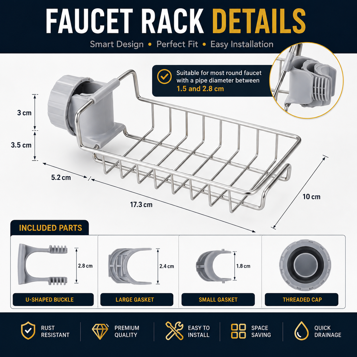 Sink Organizer – Stainless Steel Kitchen Sink Rack with Adjustable Clamp