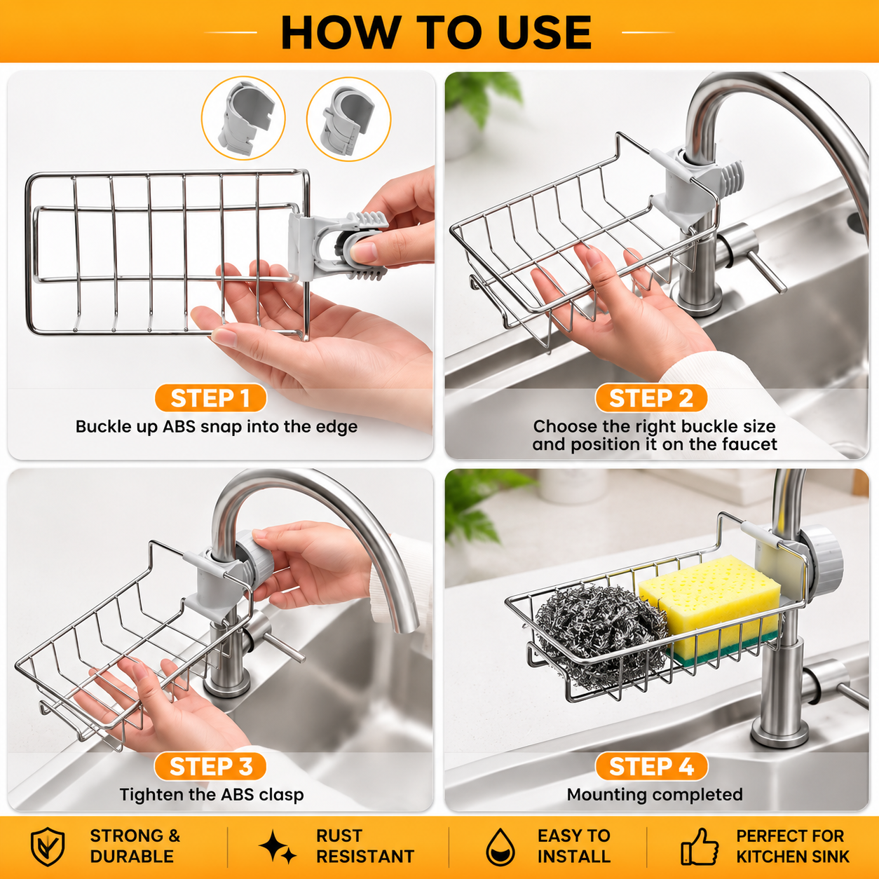 Sink Organizer – Stainless Steel Kitchen Sink Rack with Adjustable Clamp